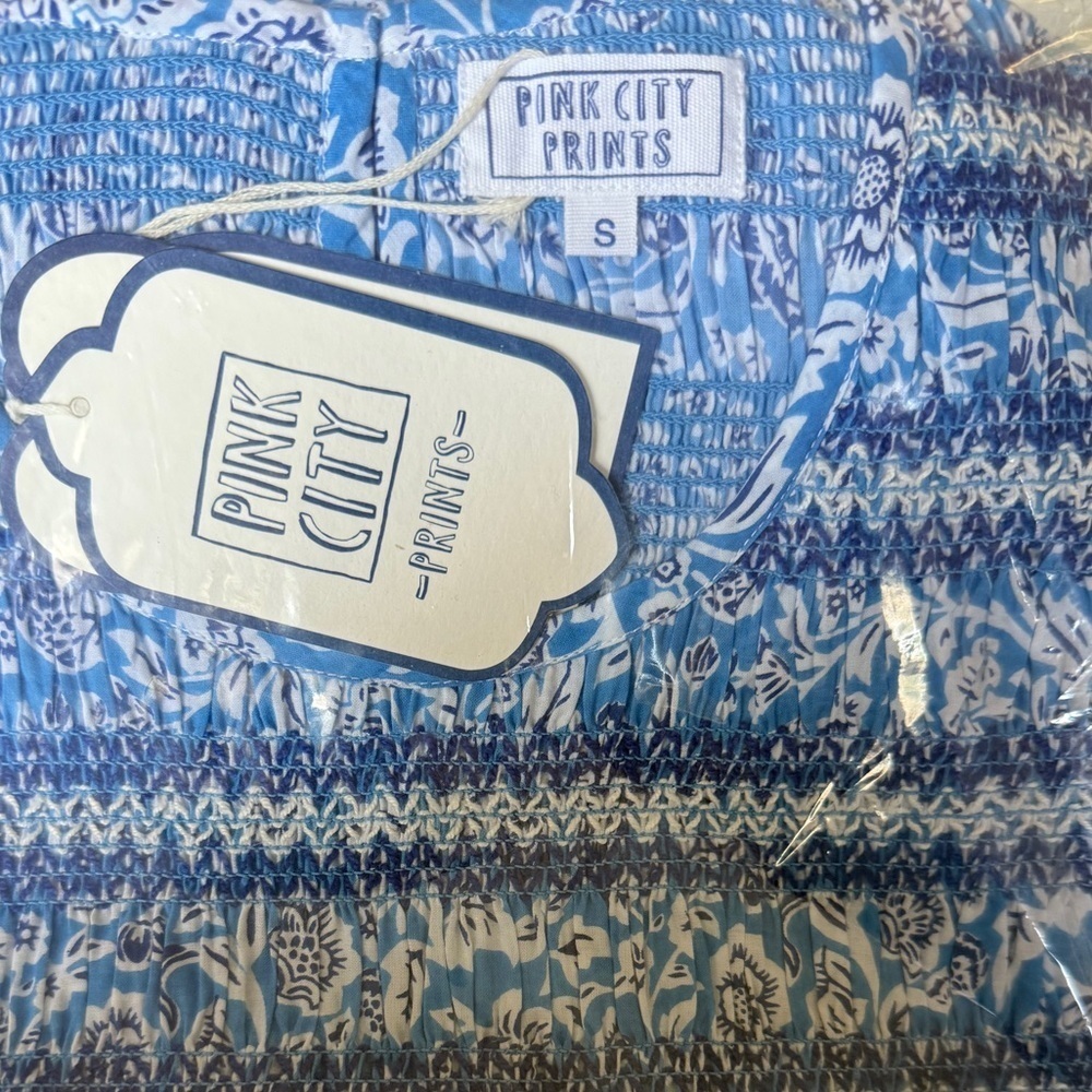 NWT Pink City Prints Isabel Dress S Ornate Sky Blue Cotton Smocked Midi - Picture 10 of 12